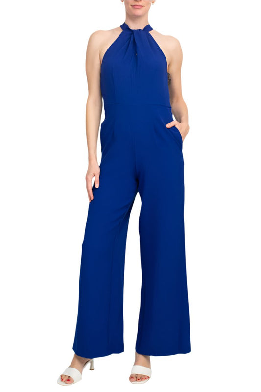 Julia Jordan Crossed Neck Keyhole Racerback Solid Crepe Jumpsuit - LATTE - Front 