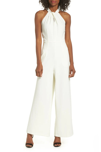 Julia Jordan Crossed Neck Keyhole Racerback Solid Crepe Jumpsuit - IVORY - Front