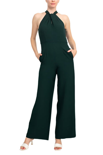 Julia Jordan Crossed Neck Keyhole Racerback Solid Crepe Jumpsuit - HUNTER - Front