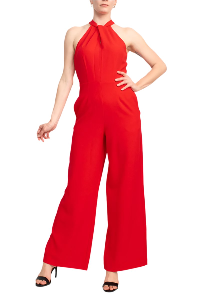 Julia Jordan Crossed Neck Keyhole Racerback Solid Crepe Jumpsuit - WATERMELON - front