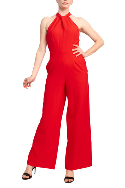 Julia Jordan Crossed Neck Keyhole Racerback Solid Crepe Jumpsuit - WATERMELON - front