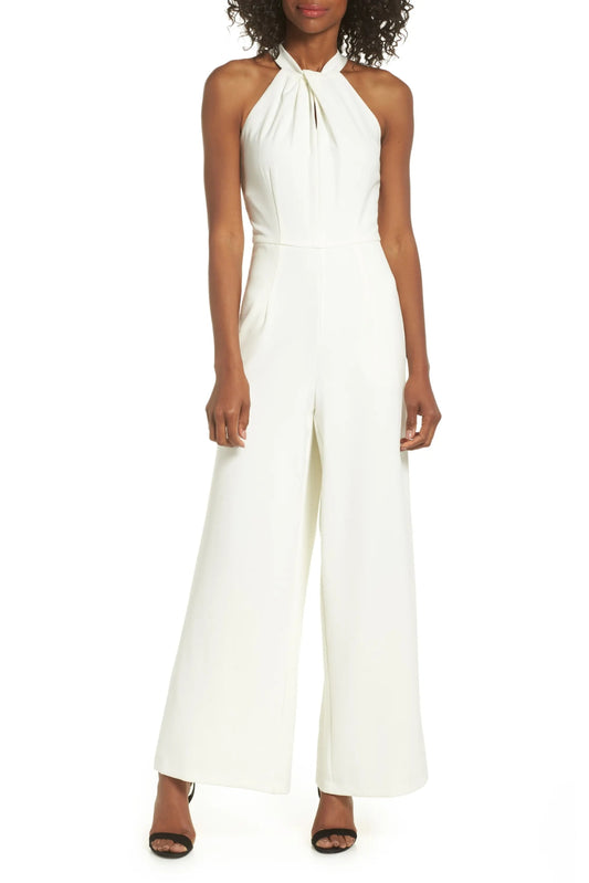 Julia Jordan Crossed Neck Keyhole Racerback Solid Crepe Jumpsuit - IVORY - Front 