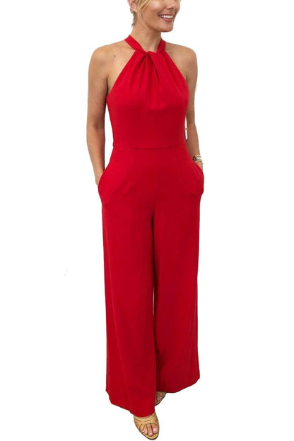 Julia Jordan Crossed Neck Keyhole Racerback Solid Crepe Jumpsuit - RED - Front