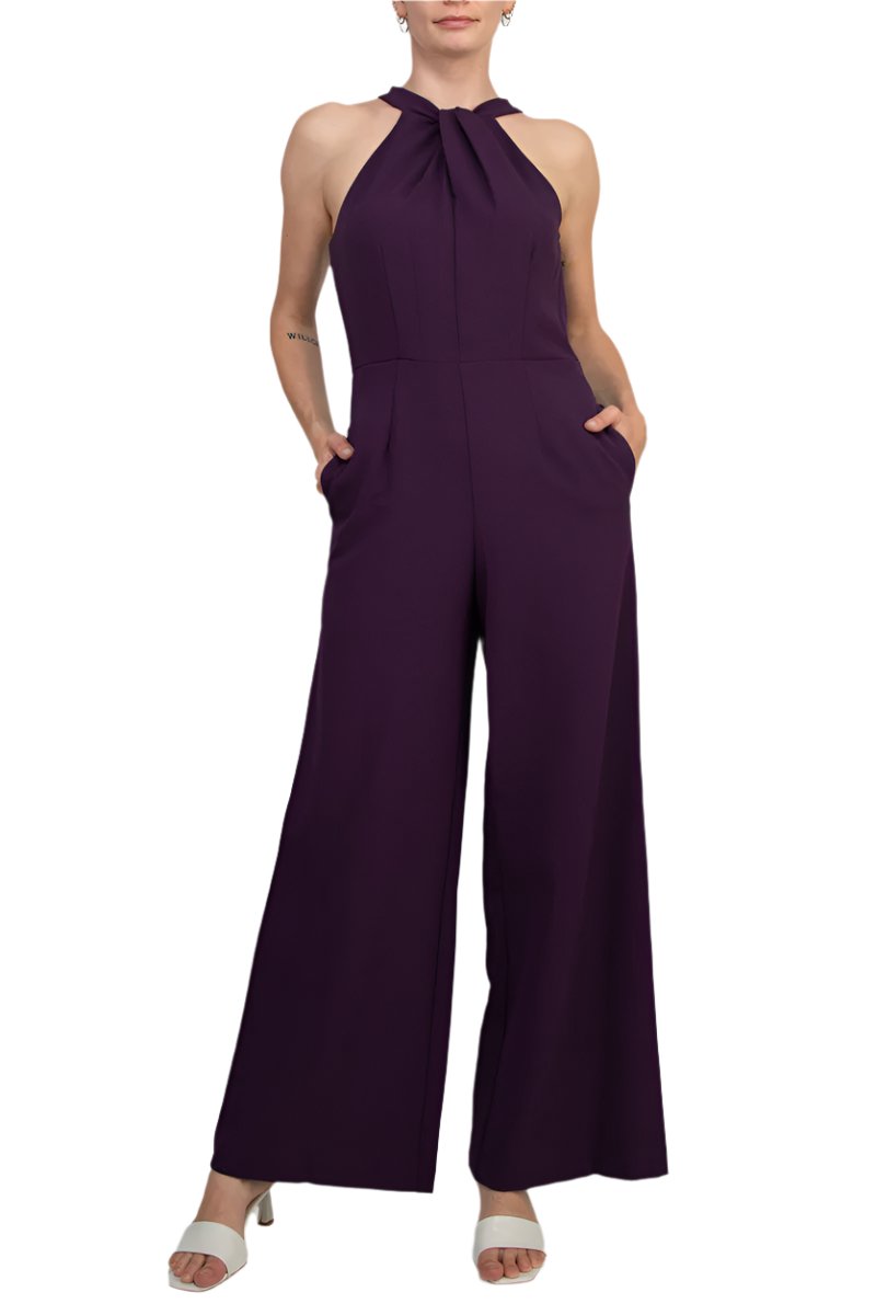 Julia Jordan Crossed Neck Keyhole Racerback Solid Crepe Jumpsuit - PLUM - Front