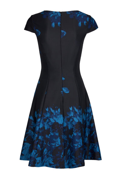 Julia Jordan Split V-Neckline Cap Short Sleeves A-Line Fit and Flare Skirt Floral Black Blue Scuba Dress - BLACK BLUE - Back