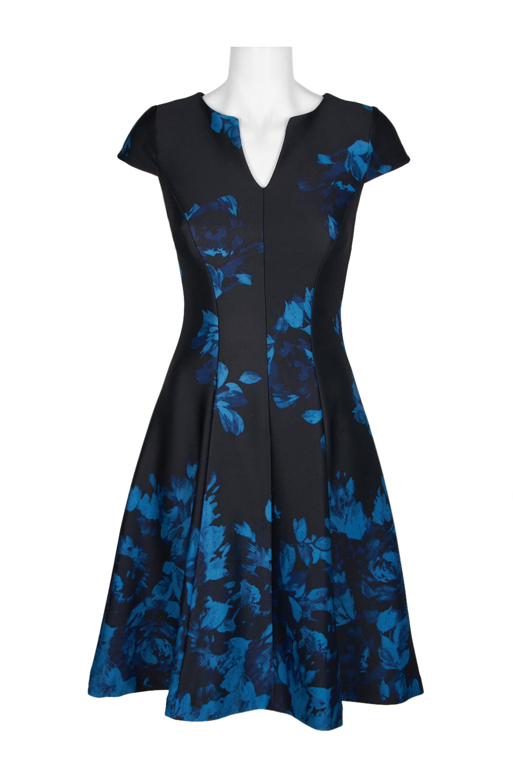 Julia Jordan Split V-Neckline Cap Short Sleeves A-Line Fit and Flare Skirt Floral Black Blue Scuba Dress - BLACK BLUE - Front