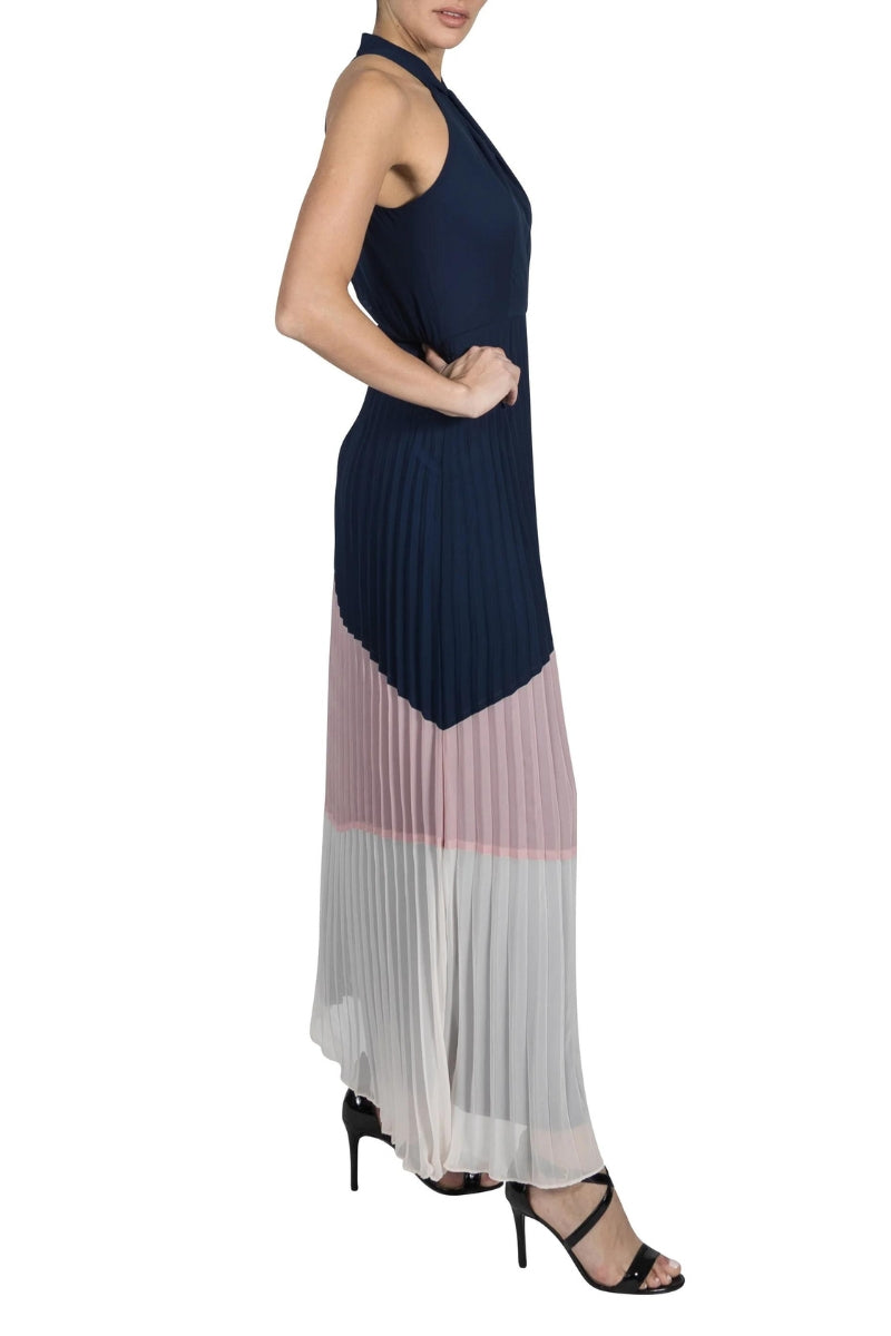 Julia Jordan Knot Neck Pleated Chiffon Maxi - NAVY MULTI - Side view