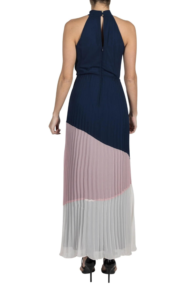 Julia Jordan Knot Neck Pleated Chiffon Maxi - NAVY MULTI - Back