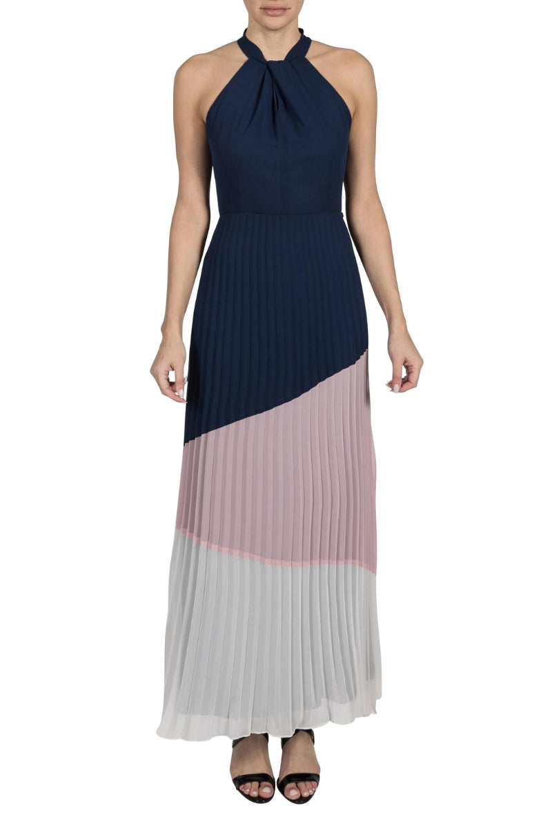 Julia Jordan Knot Neck Pleated Chiffon Maxi - NAVY MULTI - Front 