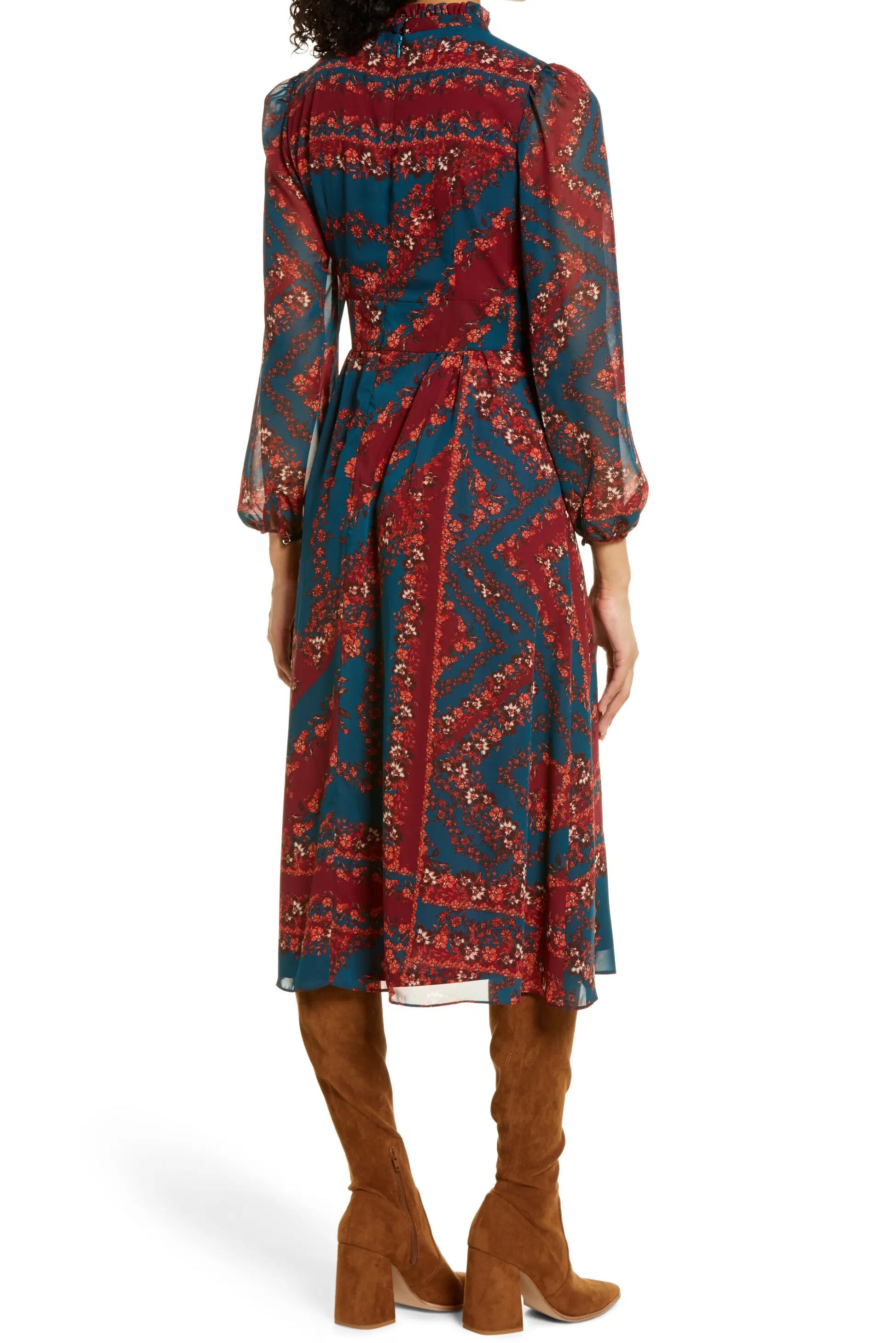 Julia Jordan Floral Long Sleeve A-Line Midi Dress - TEAL MULTI - Back