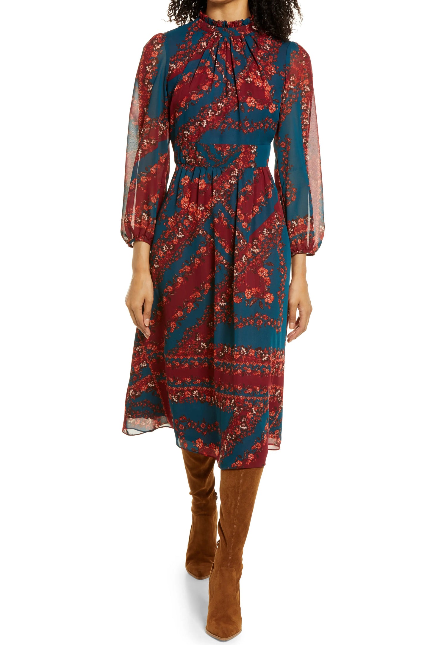 Julia Jordan Floral Long Sleeve A-Line Midi Dress - TEAL MULTI - Front