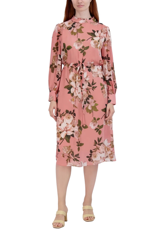 Julia Jordan Ruffle Neck Floral Long Sleeve Dress - BLUSH MULTI - Front