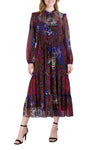 Black High Neck Midi-Length Chiffon Floral Tiered Dress Long Sleeves Julia Jordan JJ39154