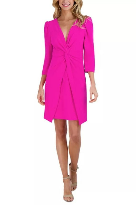 Julia Jordan Puffed-Shoulder Twist-Front Crepe Dress -FUCHSIA - Front 