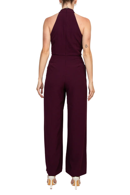 Julia Jordan Stretch Criss Cross Halter Neckline Sleeveless Crepe Jumpsuit With Pockets - Wholesale  - CABERNET - Back 