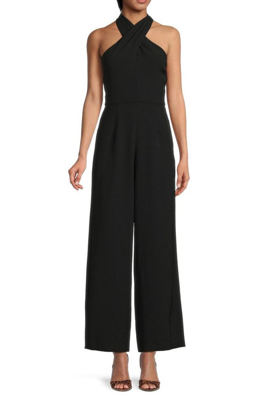 Julia Jordan Stretch Criss Cross Halter Neckline Sleeveless Crepe Jumpsuit With Pockets - Wholesale  - BLACK - Front 