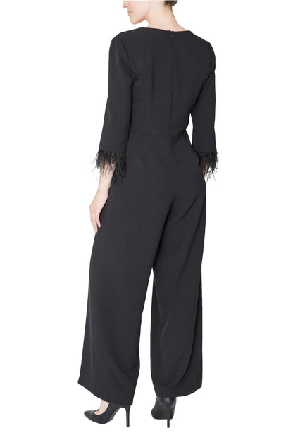 Julia Jordan faux feather trim v neck crepe jumpsuit - BLACK - Back