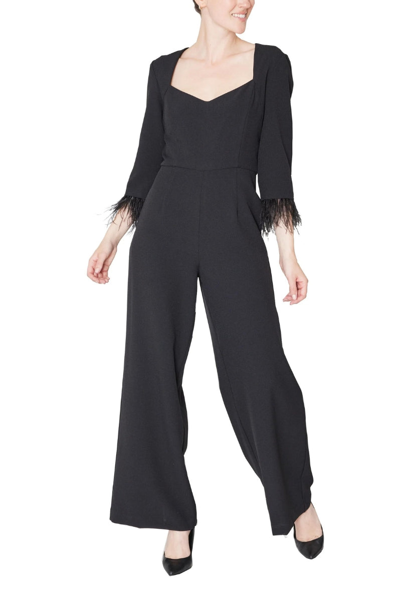 Julia Jordan faux feather trim v neck crepe jumpsuit - BLACK - Front 