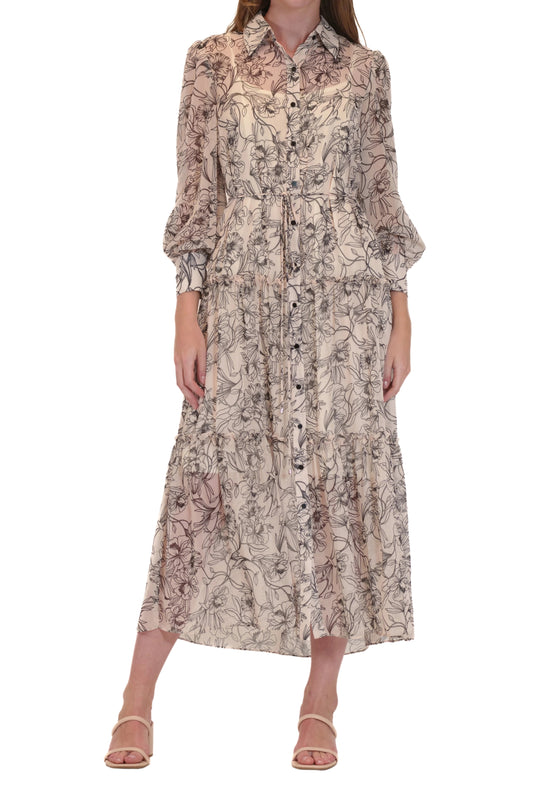 Julia Jordan Collared Tiered Chiffon Button Front Tie Belt Midi Shirt Dress - IVORY MULTI - Front