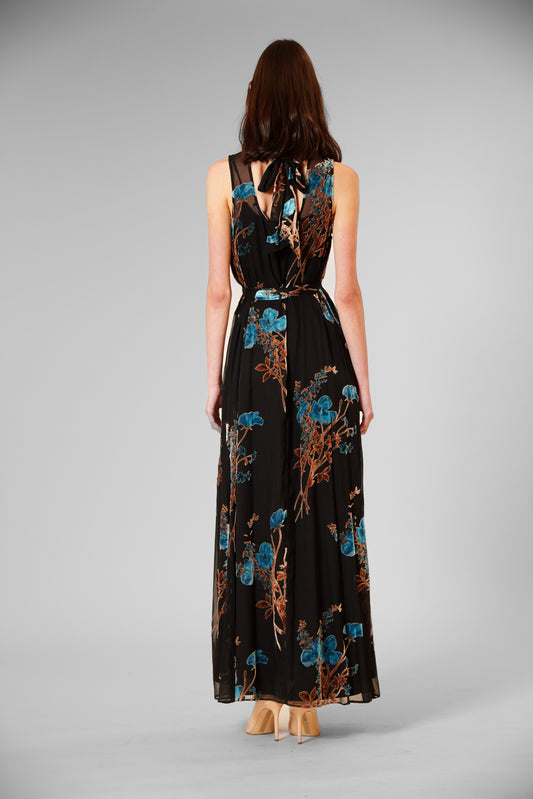 Velvet Print Overlay Gown with Tie Neck Julia Jordan JJ41454