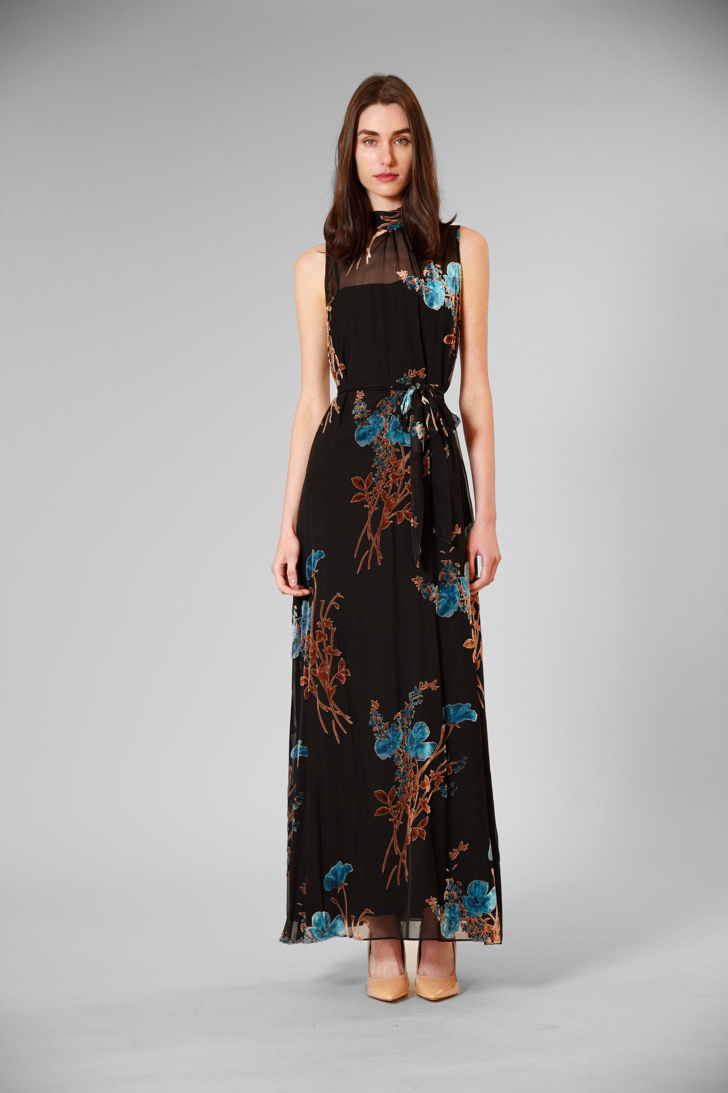 Velvet Print Overlay Gown with Tie Neck Julia Jordan JJ41454