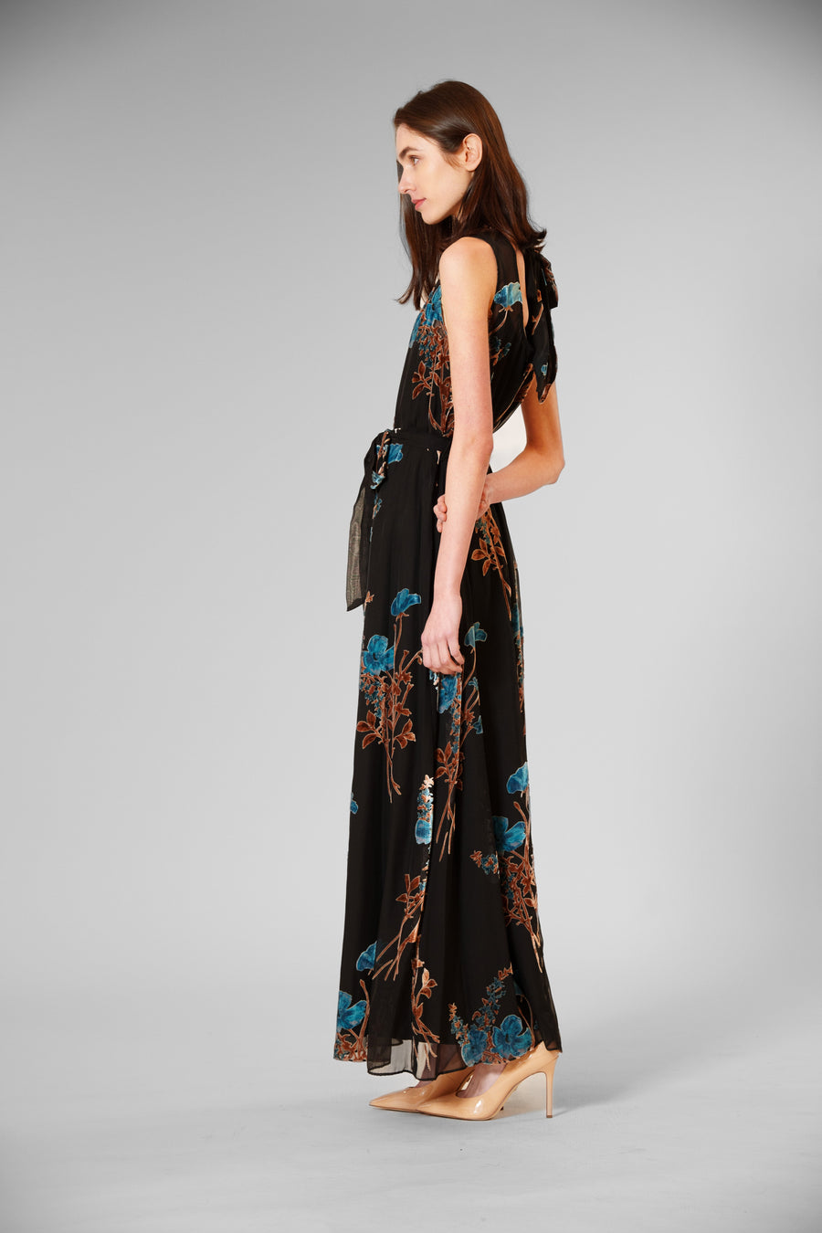 Velvet Print Overlay Gown with Tie Neck Julia Jordan JJ41454