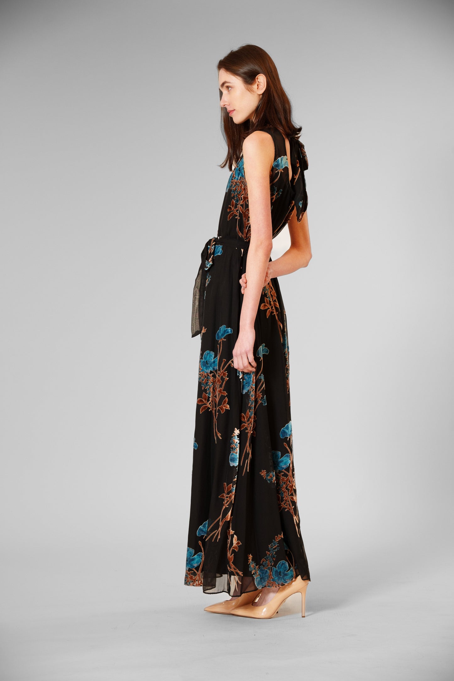 Velvet Print Overlay Gown with Tie Neck Julia Jordan JJ41454