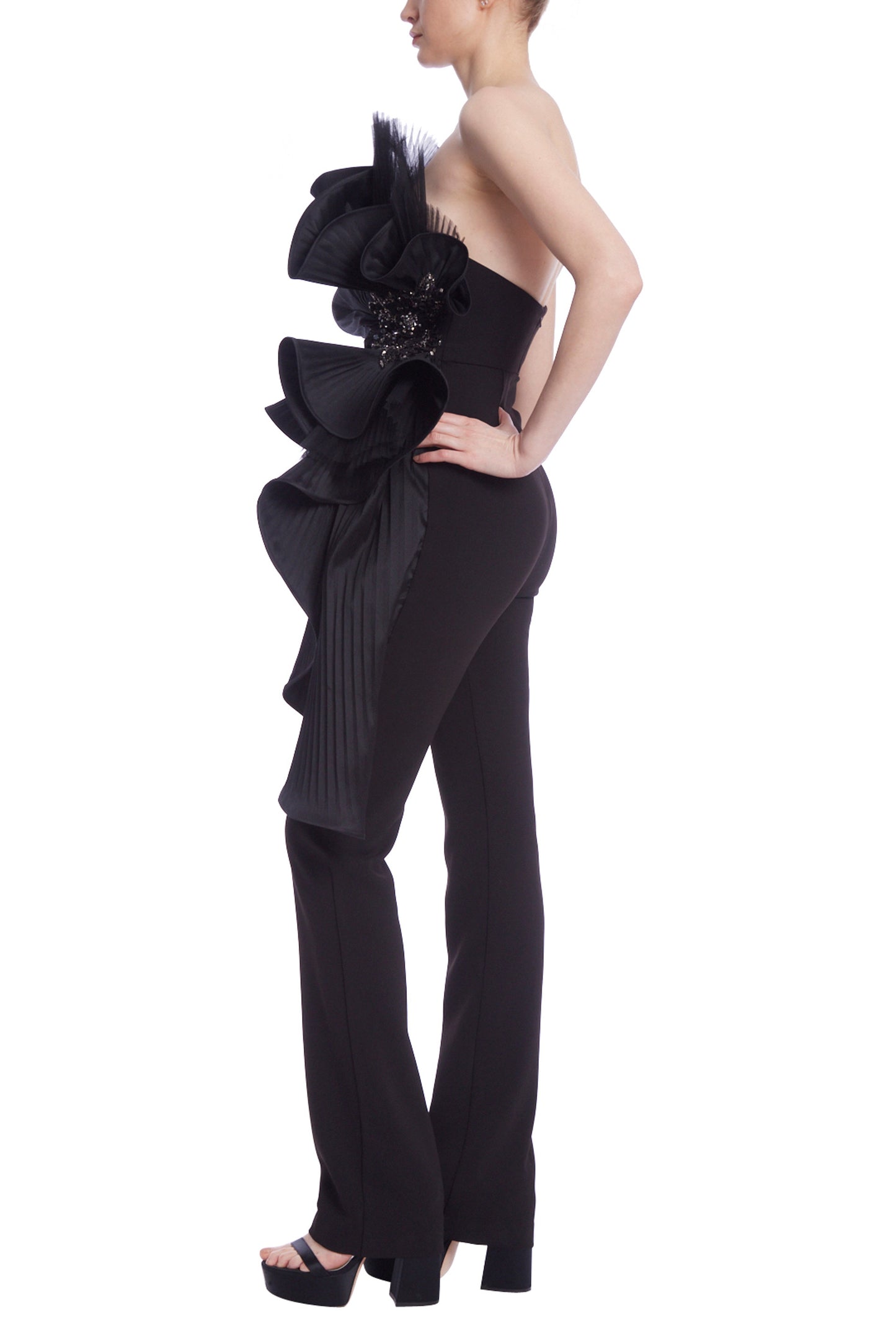 Badgley Mischka Sculptural Pinwheel Detail Strapless Fitted Crepe Straight Leg Jumpsuit - BLACK - SIDE