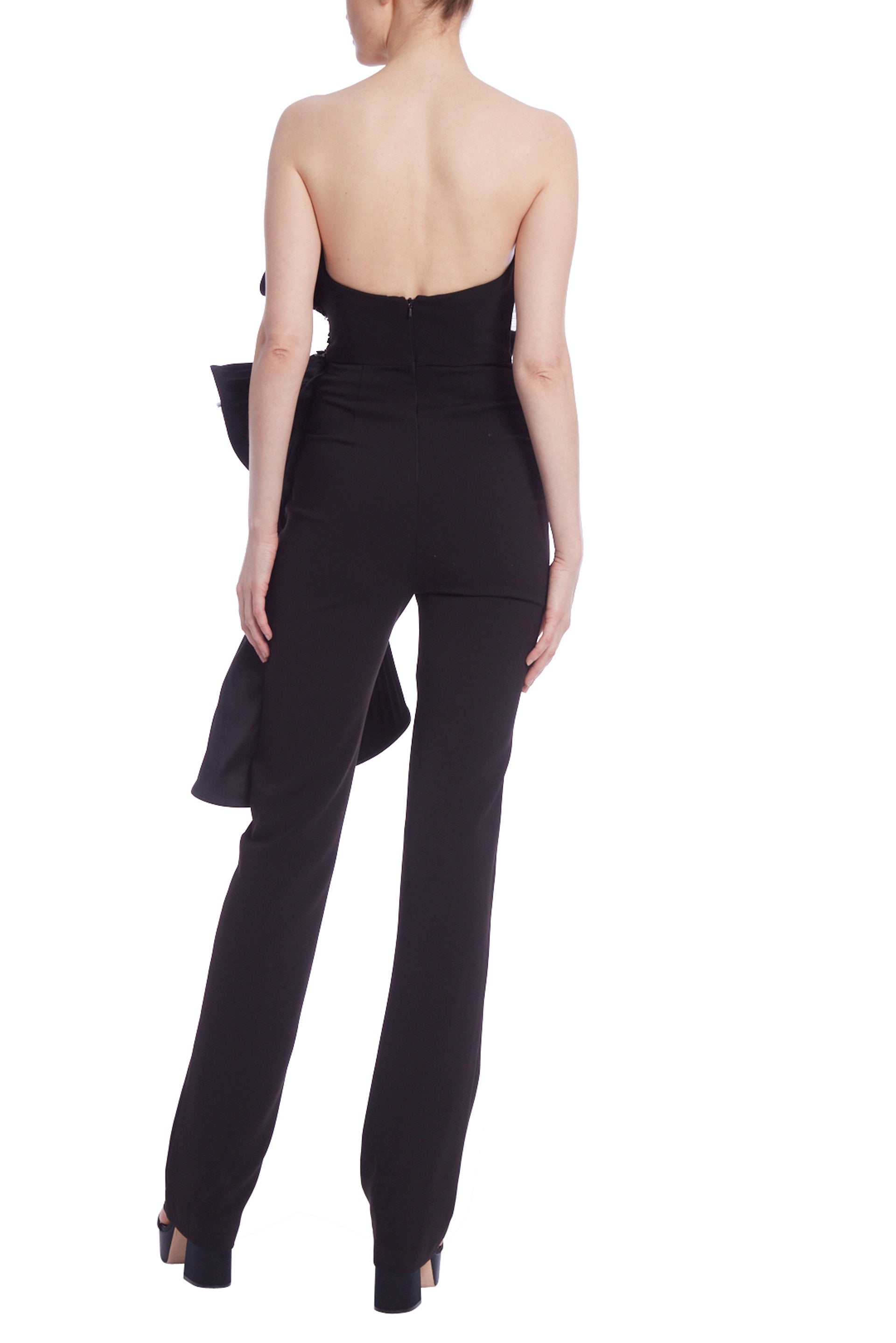 Badgley Mischka Sculptural Pinwheel Detail Strapless Fitted Crepe Straight Leg Jumpsuit - BLACK - BACK