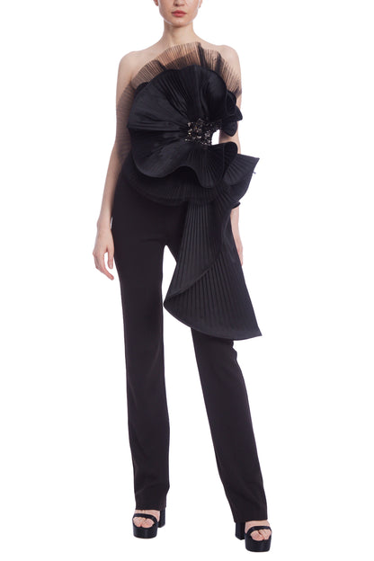 Badgley Mischka Sculptural Pinwheel Detail Strapless Fitted Crepe Straight Leg Jumpsuit BLACK_front 