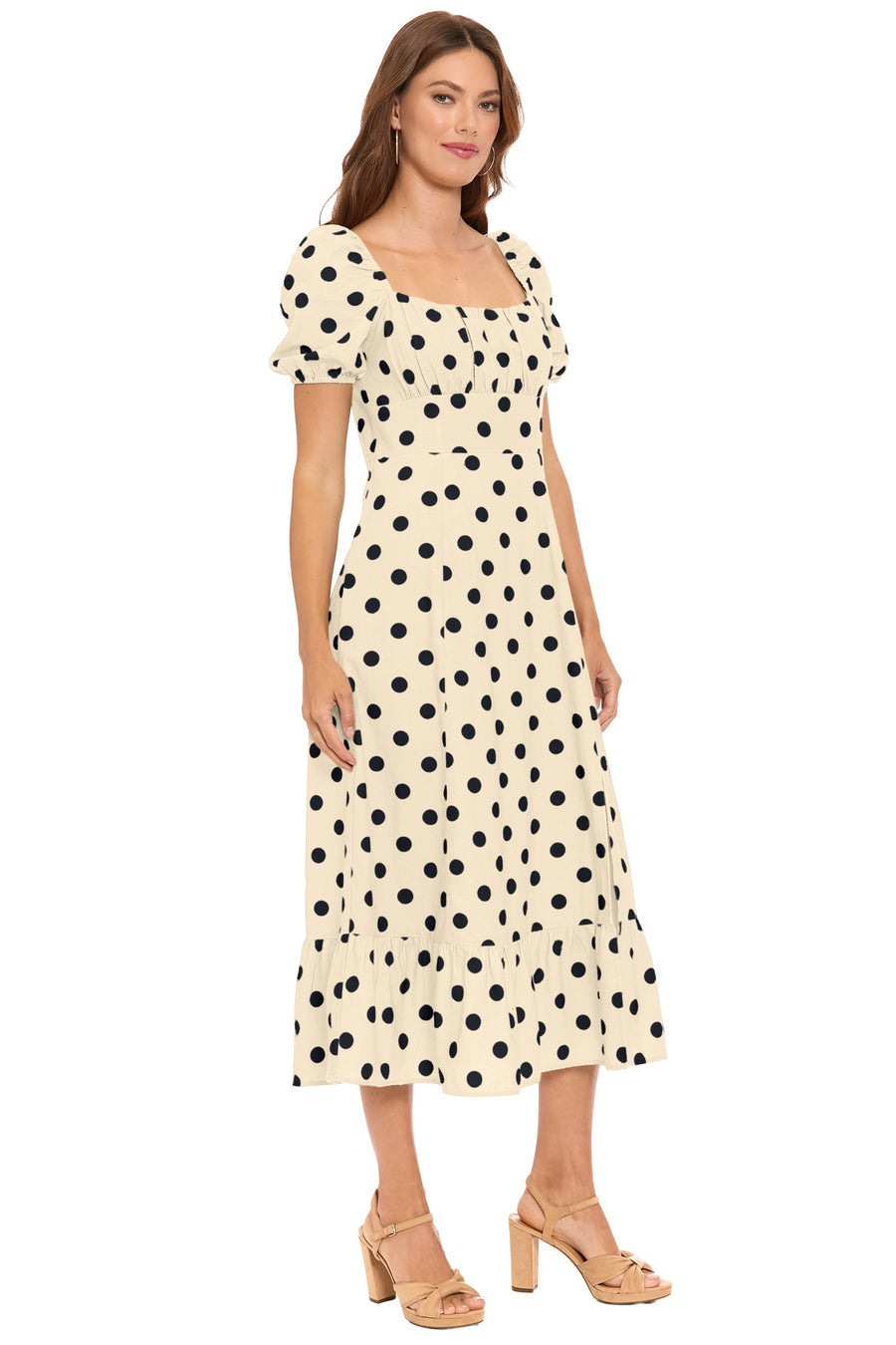 London Times T10264M Polka Dot Puff Sleeve Midi Dress
