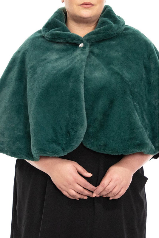 Nina Leonard faux fur capelet with collar and crystal button with snap closure (Plus Size)