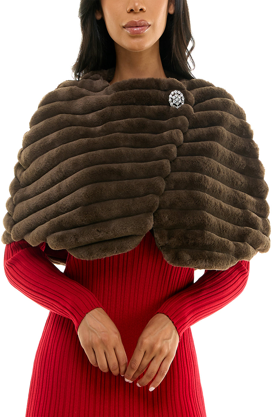 Nina Leonard wrap over faux fur capelet and crystal closure