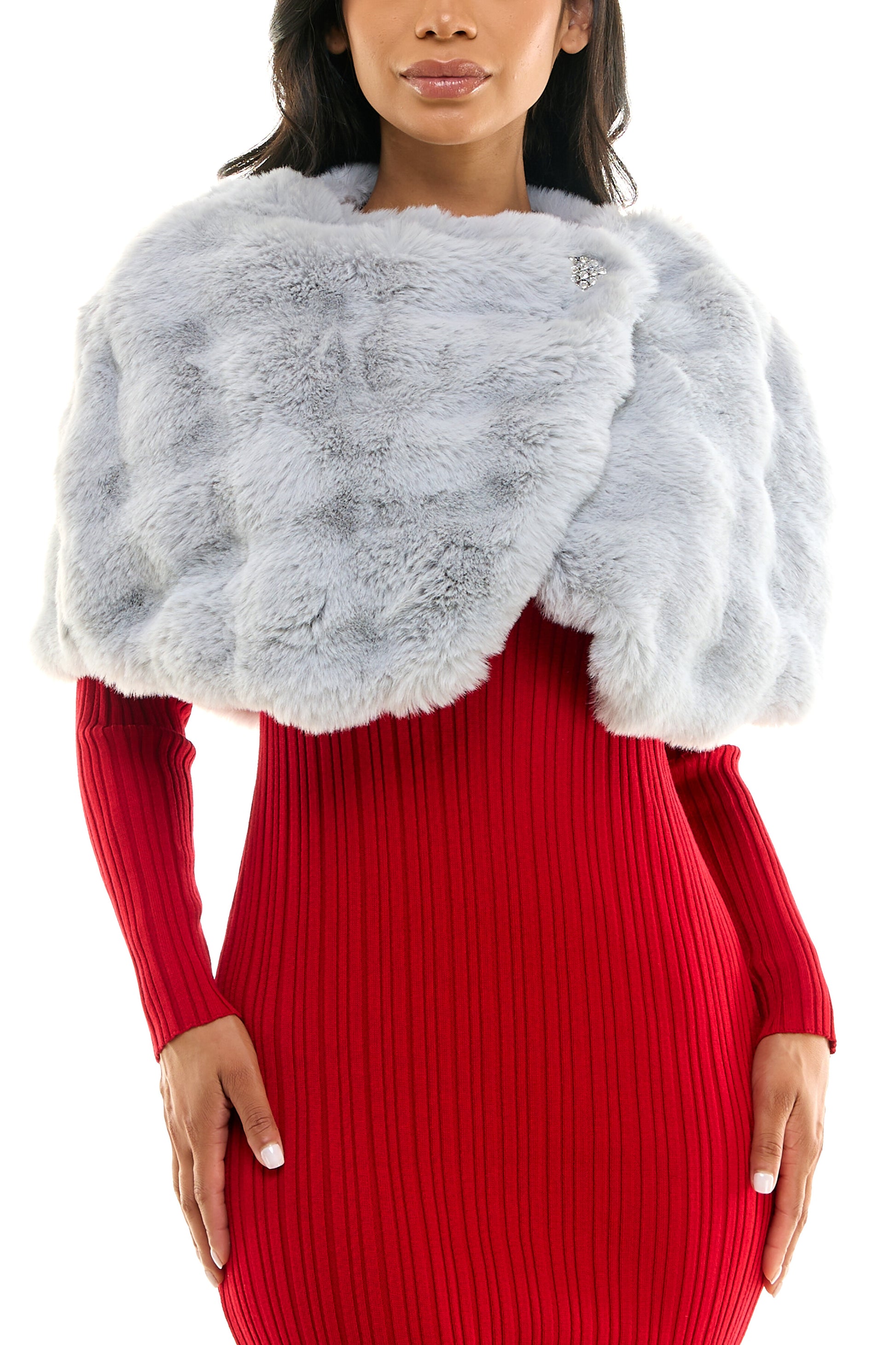 Nina Leonard One Button And Hook Closure Embellished Faux Fur Caplet - Dove - Front