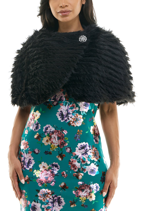 Nina Leonard One Button And Hook Closure Embellished Faux Fur Caplet - Black - Front