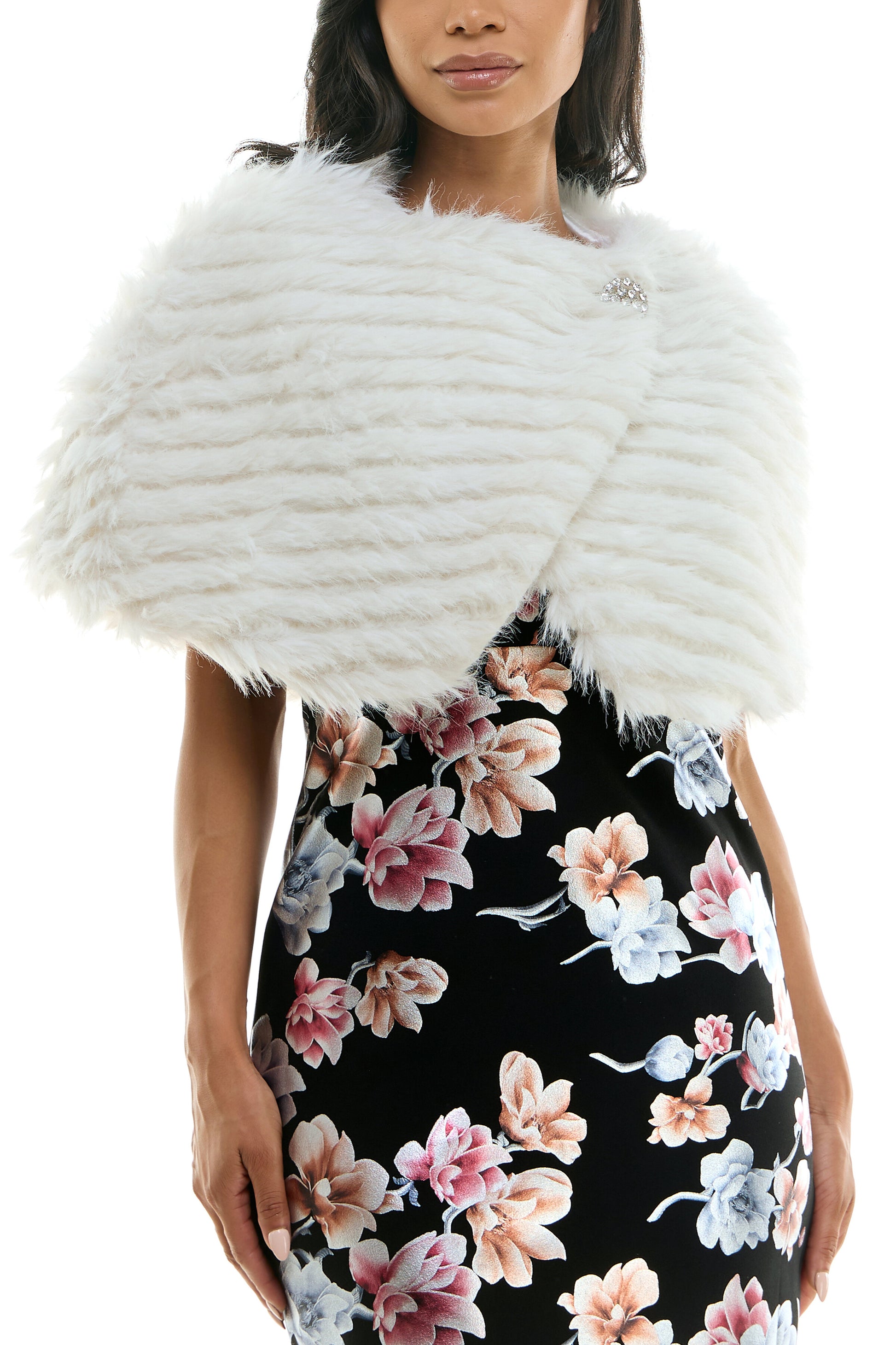 Nina Leonard One Button And Hook Closure Embellished Faux Fur Caplet - Ivory - Front