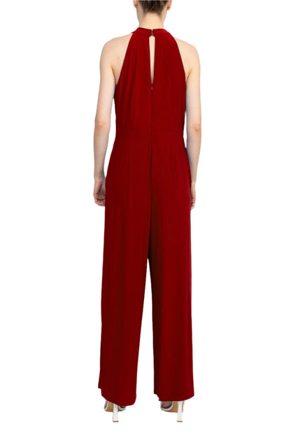 Nina Leonard Crossed Neck Sleeveless Keyhole Back Solid Jersey Jumpsuit - NINA RED - Back