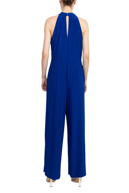 Nina Leonard Crossed Neck Sleeveless Keyhole Back Solid Jersey Jumpsuit - DEEP SAPPHIRE - Back