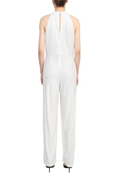 Nina Leonard Crossed Neck Sleeveless Keyhole Back Solid Jersey Jumpsuit - IVORY - Back