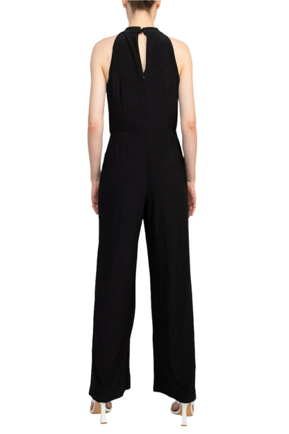 Nina Leonard Crossed Neck Sleeveless Keyhole Back Solid Jersey Jumpsuit - BLACK - Back