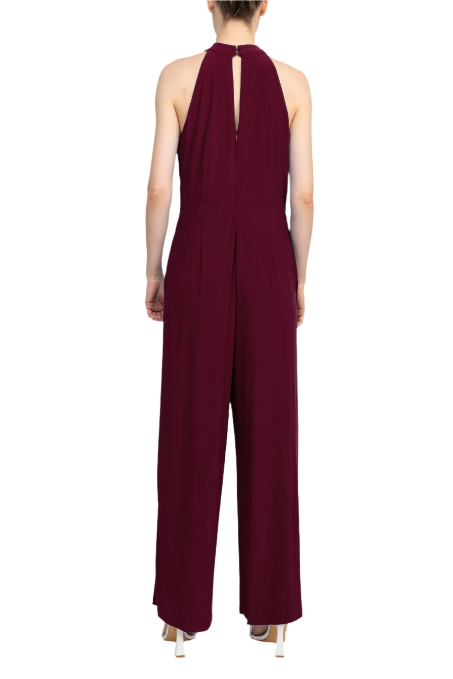 Nina Leonard Crossed Neck Sleeveless Keyhole Back Solid Jersey Jumpsuit - DEEP WINE - Back