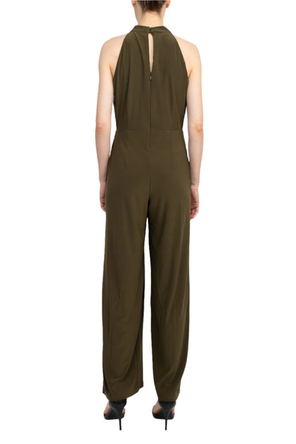 Nina Leonard Crossed Neck Sleeveless Keyhole Back Solid Jersey Jumpsuit - DARK OLIVE - Back