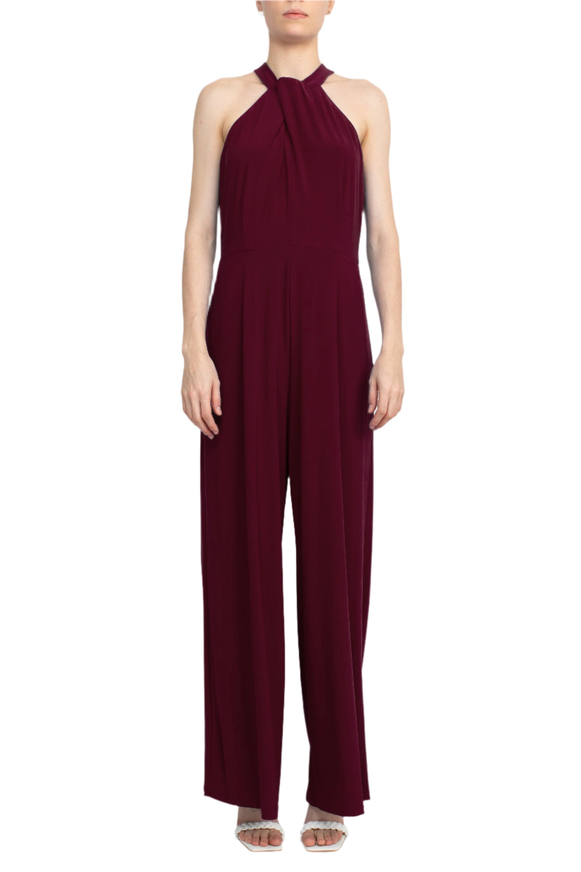 Nina Leonard Crossed Neck Sleeveless Keyhole Back Solid Jersey Jumpsuit - DEEP WINE - Front