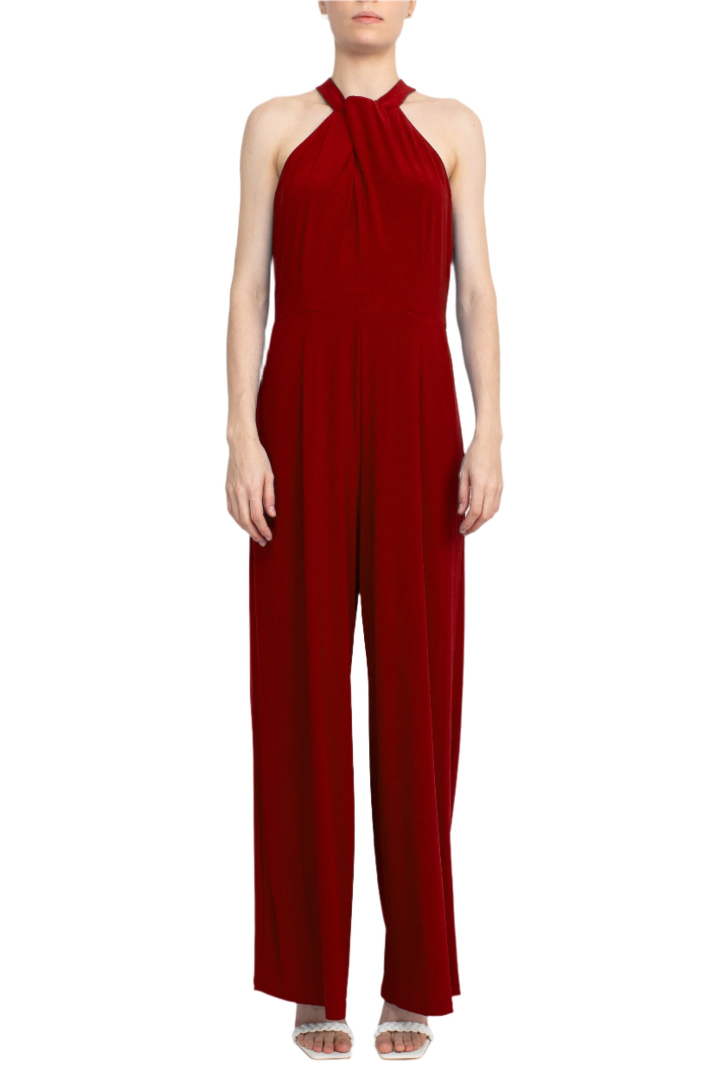 Nina Leonard Crossed Neck Sleeveless Keyhole Back Solid Jersey Jumpsuit - NINA RED - Front