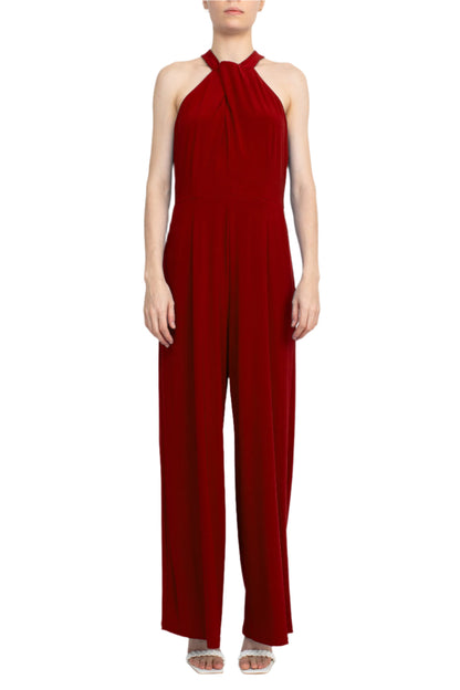 Nina Leonard Crossed Neck Sleeveless Keyhole Back Solid Jersey Jumpsuit - NINA RED - Front