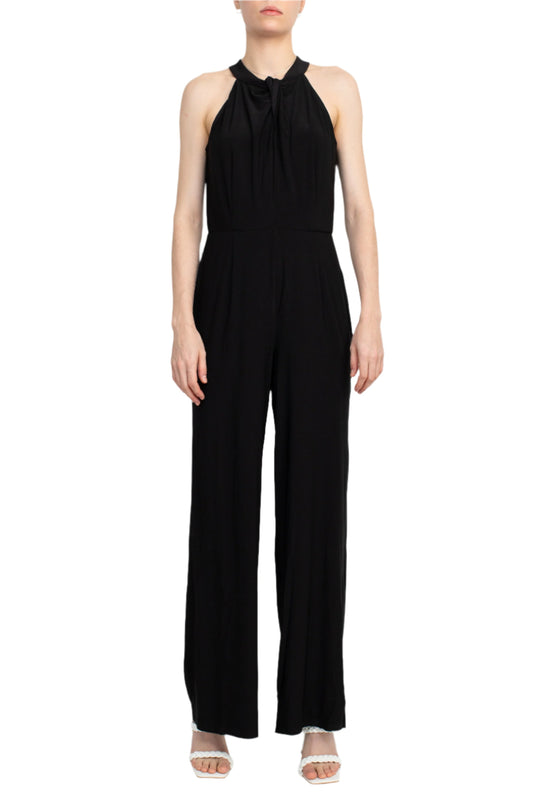 Nina Leonard Crossed Neck Sleeveless Keyhole Back Solid Jersey Jumpsuit - BLACK - Front