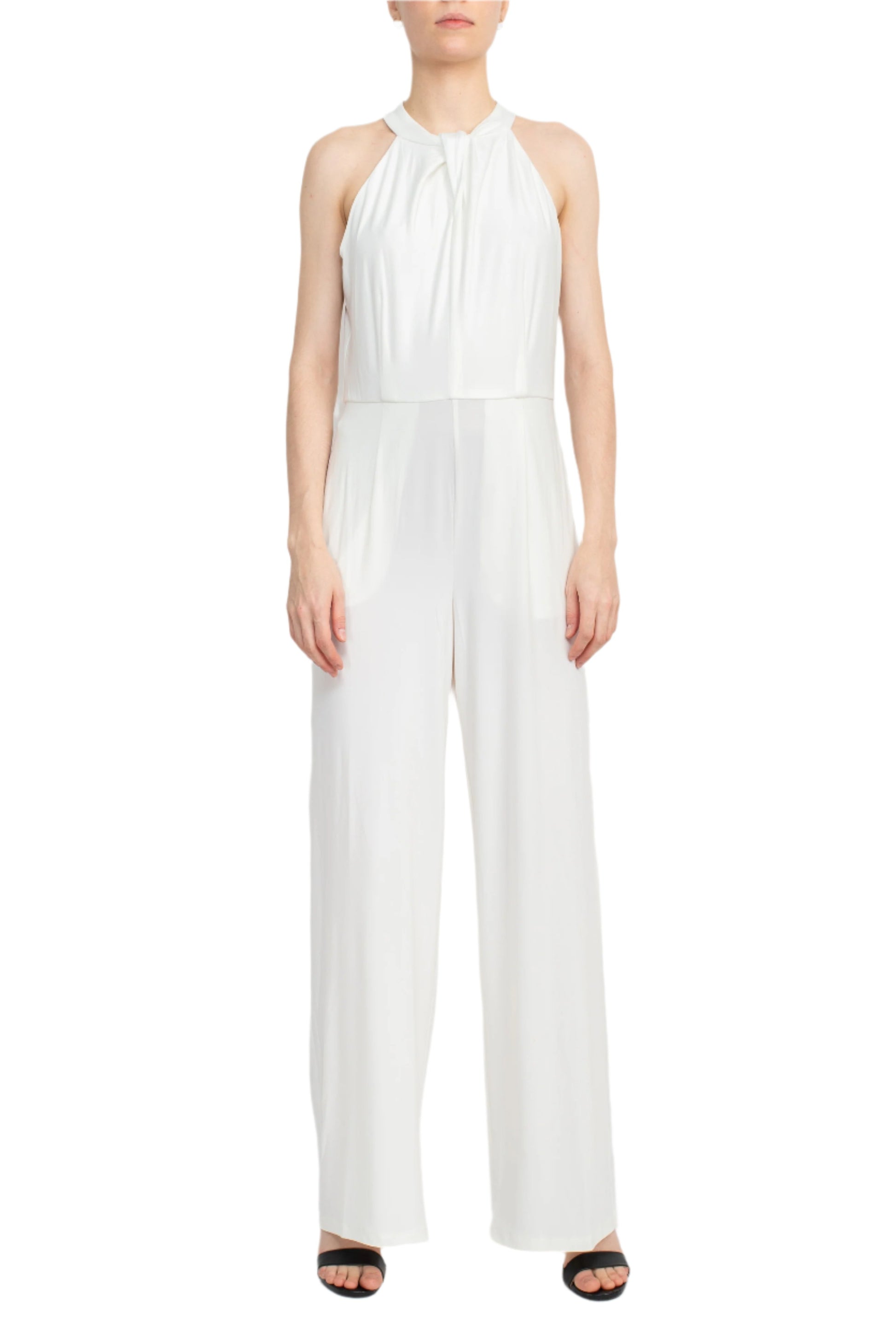 Nina Leonard Crossed Neck Sleeveless Keyhole Back Solid Jersey Jumpsuit - IVORY - Front