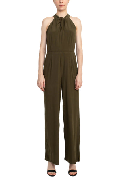 Nina Leonard Crossed Neck Sleeveless Keyhole Back Solid Jersey Jumpsuit - DARK OLIVE - Front