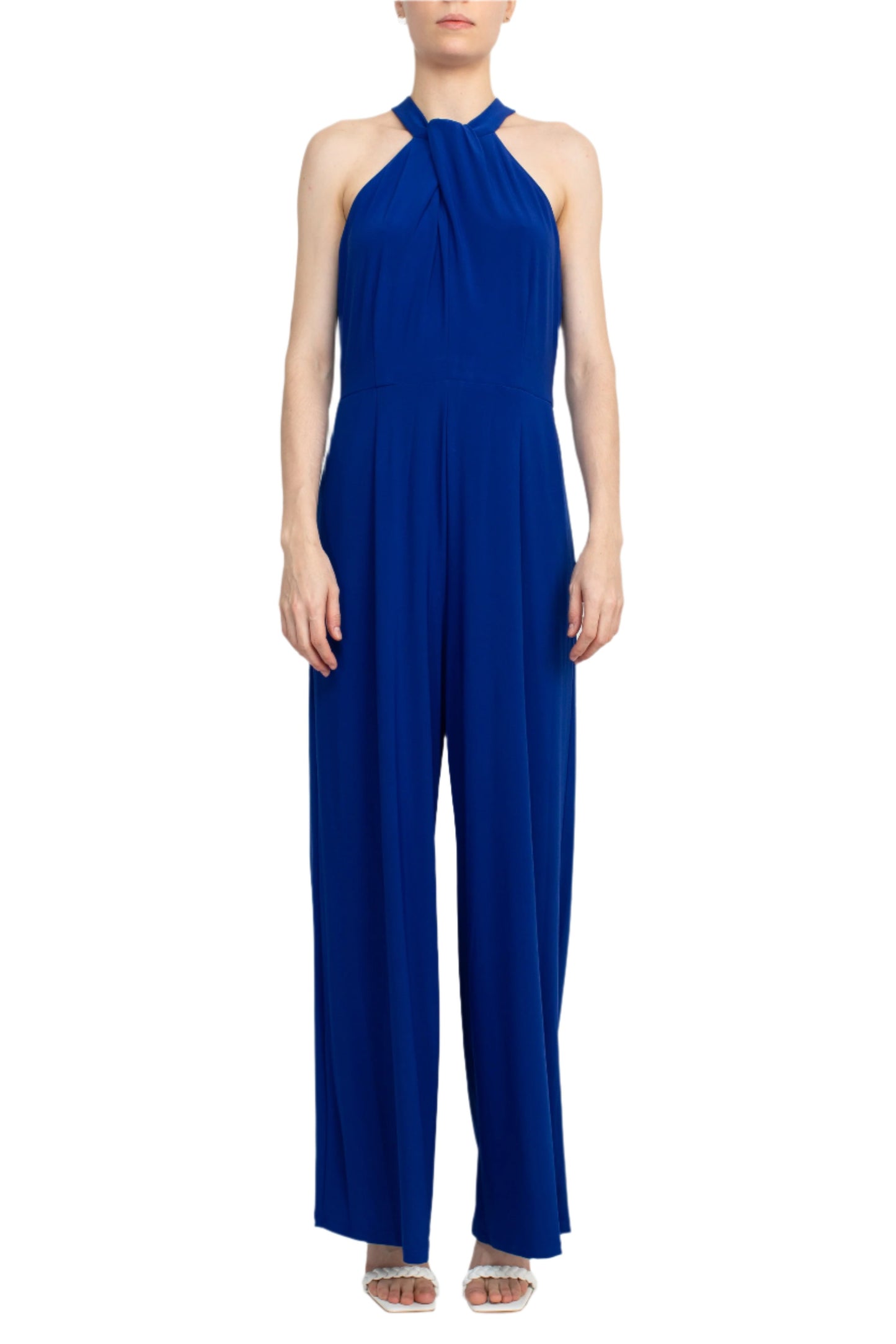 Nina Leonard Crossed Neck Sleeveless Keyhole Back Solid Jersey Jumpsuit - DEEP SAPPHIRE - Front