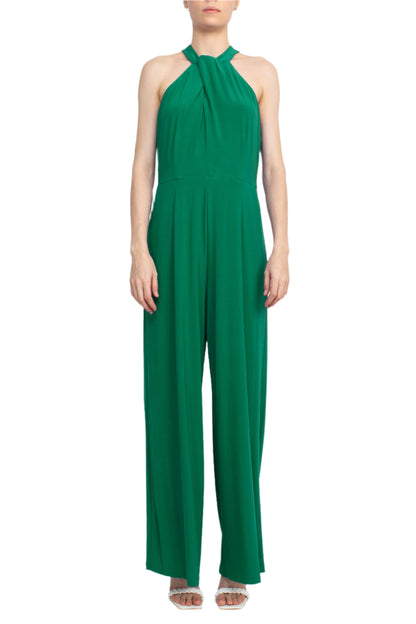 Nina Leonard Crossed Neck Sleeveless Keyhole Back Solid Jersey Jumpsuit - EMERALD - Front